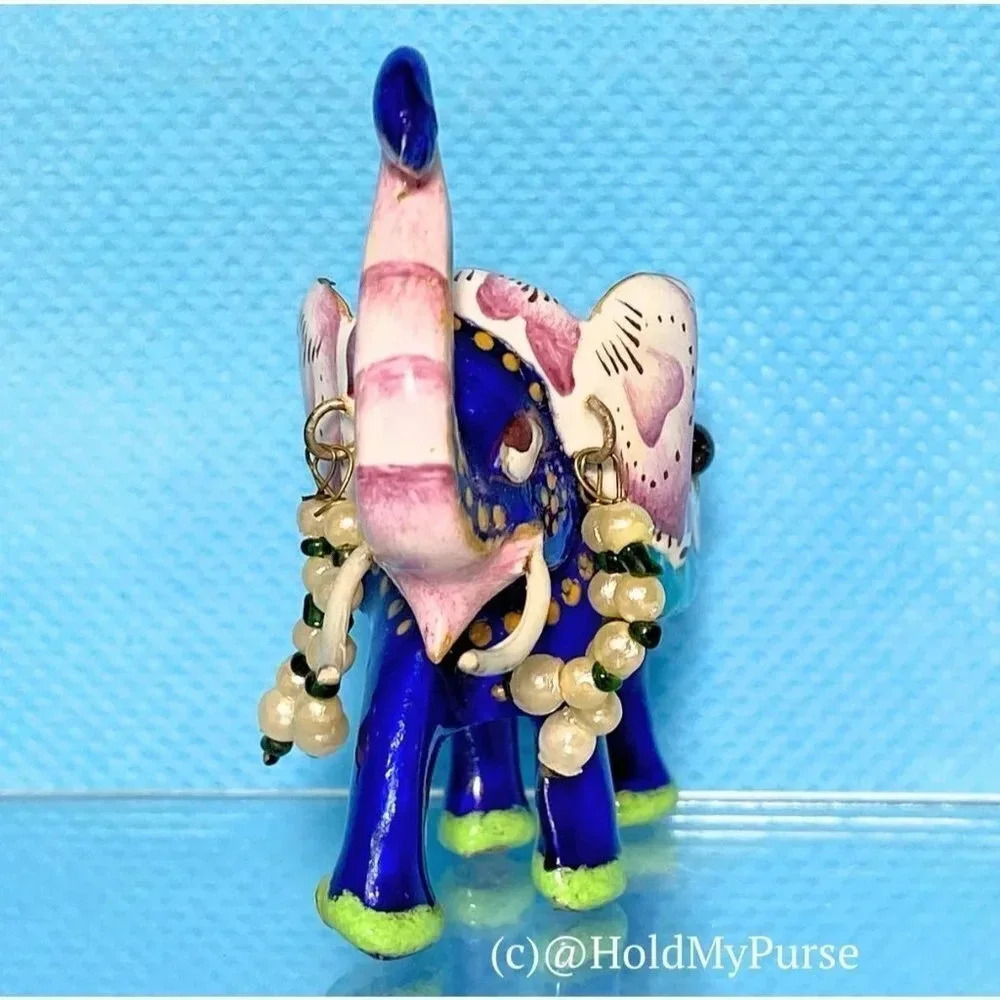Meenakari Enamel on Sterling Silver Elephant Figurine w/ Mini Travel Jewelry Bag - Picture 2 of 8